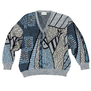 Vintage Blue and Gray V-neck Sweater